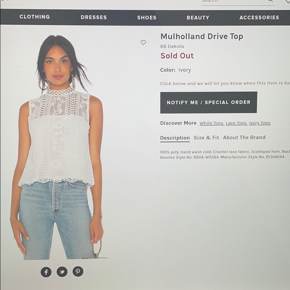 BB Dakota Mullholland Drive Top NWT